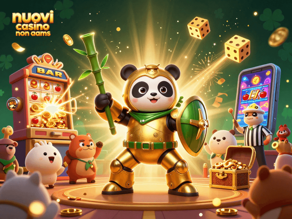 Scopri nuovi casino non aams con un panda dorato che pilota un robot mentre vince jackpot.