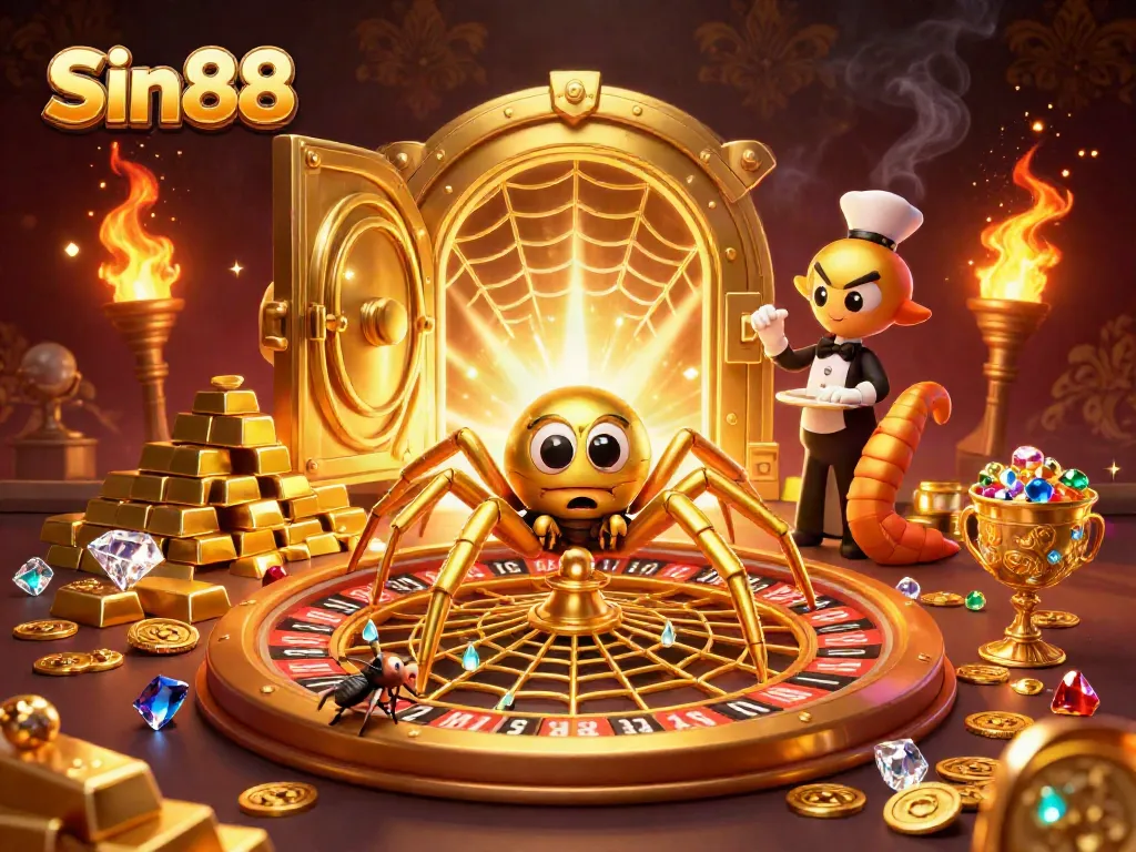 Bet on Sin88 as the golden spider weaves a roulette wheel of fortune.