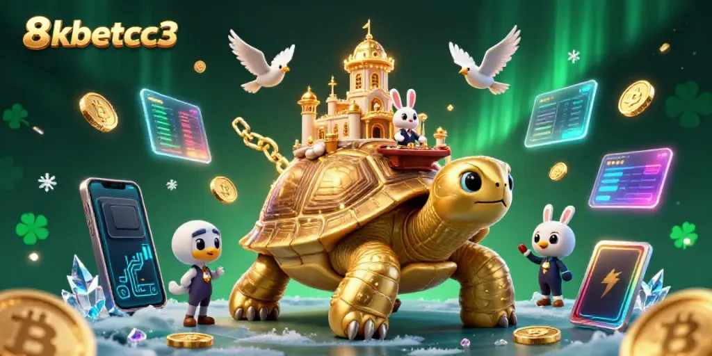 Experience vibrant energy with 8kbetcc3's animated casino scene featuring unique 3D characters and cryptocurrency elements.