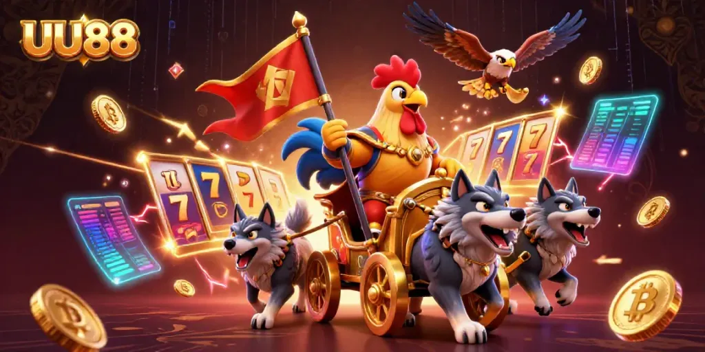 Engage with UU88's dynamic casino adventure featuring a rooster warlord and slot machines.