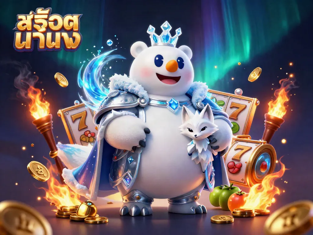 Engage in thrilling gameplay with สล็อตแท้ตรง, featuring a 3D cartoon ice king and snow fox with slot reels and golden coins.
