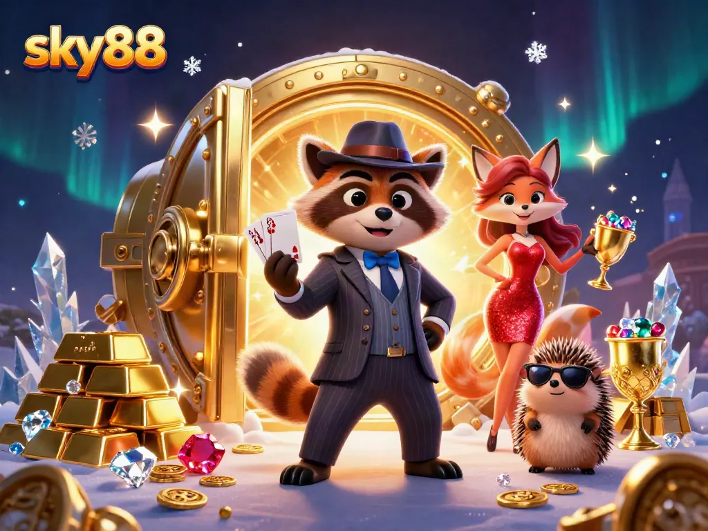 Engage in winning strategies with sky88, featuring a raccoon, fox, and hedgehog in an exciting casino setting.