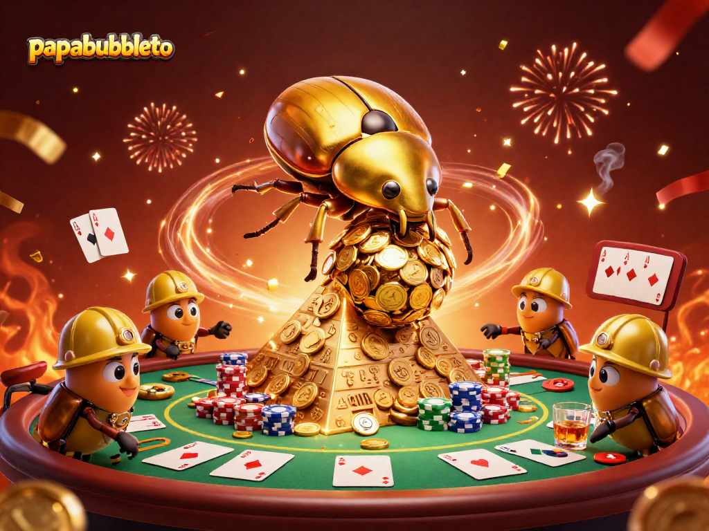 Experience the thrill of casino games with papabubbleto as golden beetles roll coins amidst poker tables.