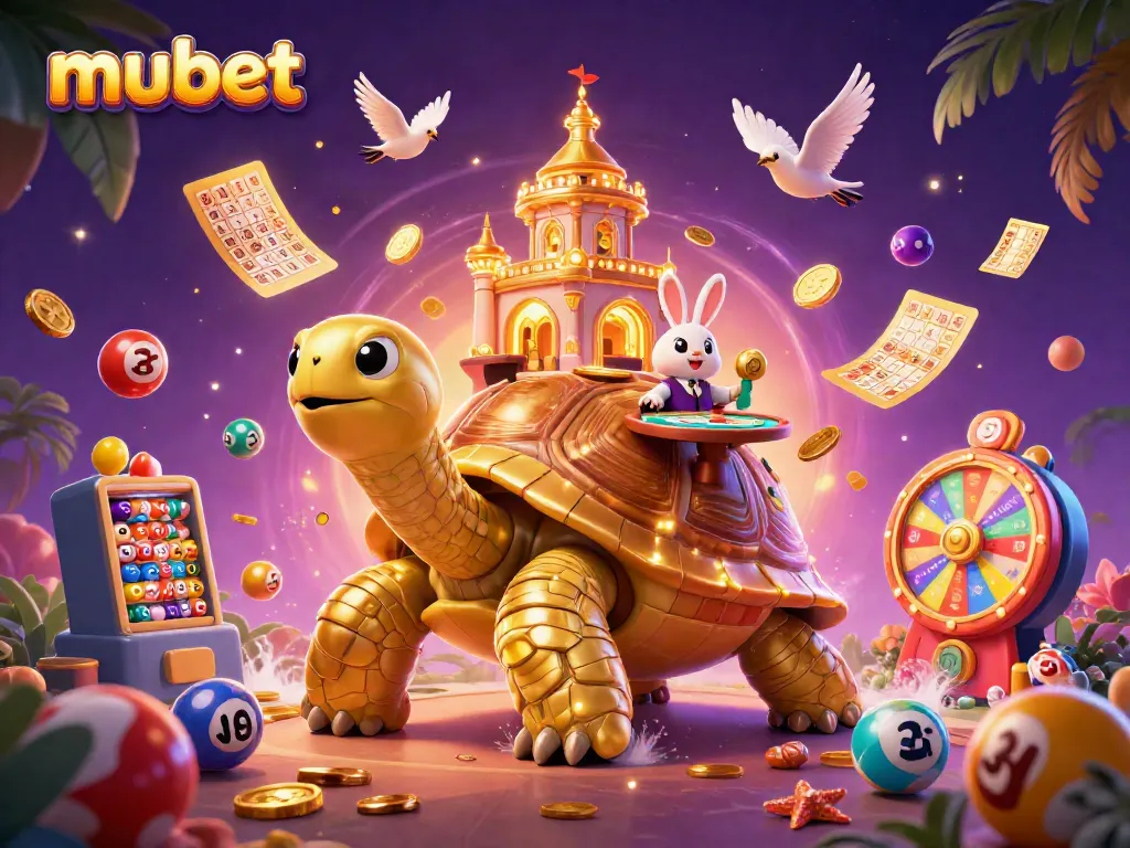 Experience the excitement of mubet with a vibrant, dynamic casino-themed illustration featuring a golden tortoise and lively gameplay.