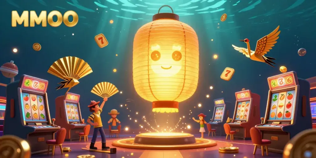 Join the MMOO casino experience with a vibrant scene featuring a golden lantern spirit and slot machines, showcasing luck and excitement.