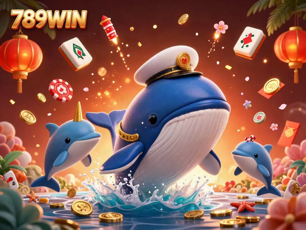 Experience the thrill of gambling with 789WIN as a cartoon whale breaches through coins surrounded by gaming elements.