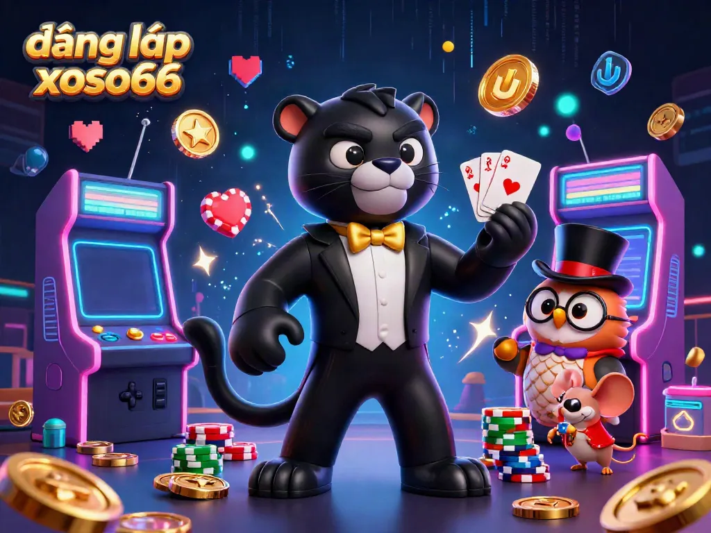 Engage in thrilling gameplay with đăng nhập xoso66, featuring a stylish black panther and friends at a vibrant casino.