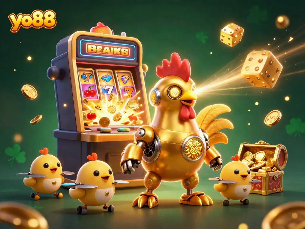 Engage with yo88's thrilling games featuring a golden rooster robot and vibrant casino elements.