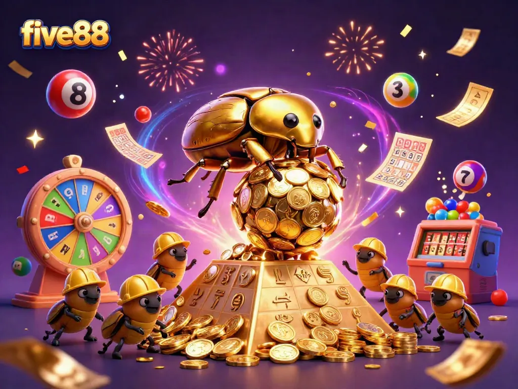 Engage with five88's vibrant casino experience depicted through a dynamic scene of golden beetles and lottery elements.