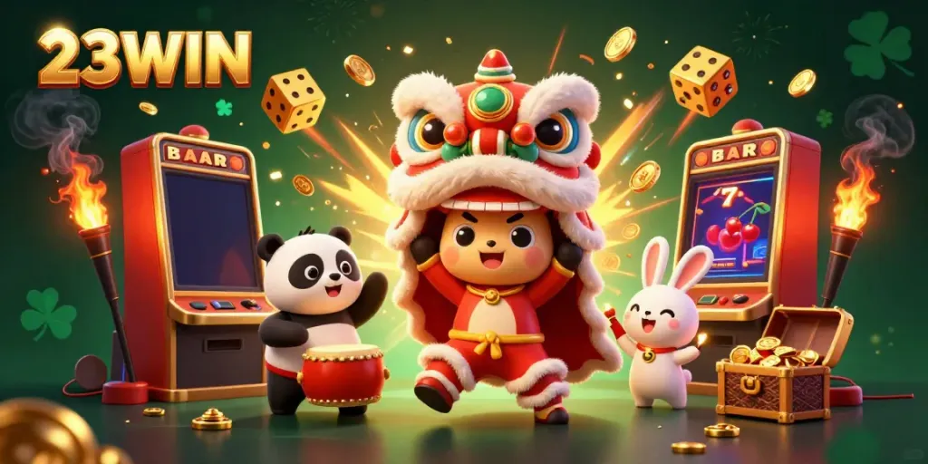 Experience the vibrant world of 23WIN with lively characters in a dynamic casino scene filled with excitement.