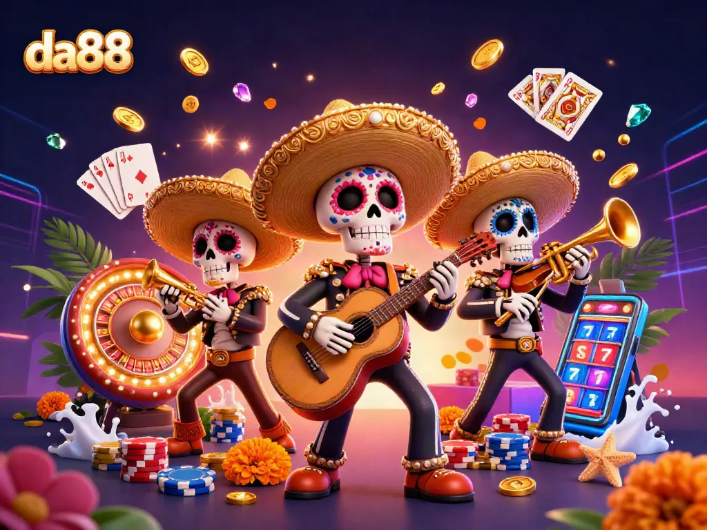 Experience the vibrant da88 casino scene with colorful mariachi band and dynamic gaming elements.