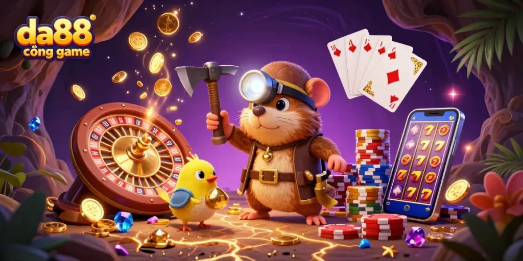 Experience big wins with the thrilling da88 cổng game, featuring a treasure hunter and sparkling gems.