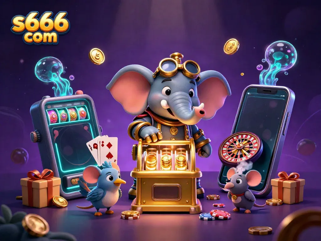 Spin to win at s666 com with a steampunk elephant operating a golden slot machine surrounded by exciting casino elements.