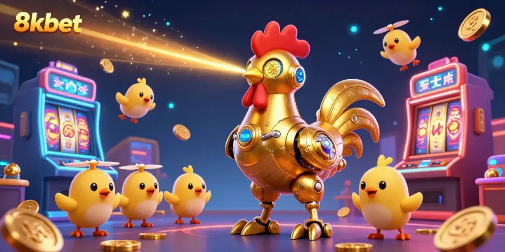 Experience the thrills of 8kbet with a dynamic scene of a golden rooster robot and baby chick drones in a vibrant casino.