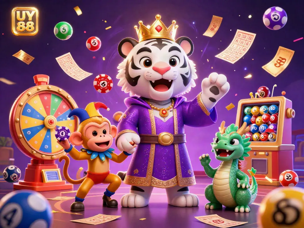 Experience the excitement of UY 88 with a 3D scene showcasing a regal tiger, lively monkey, and dynamic lottery elements.