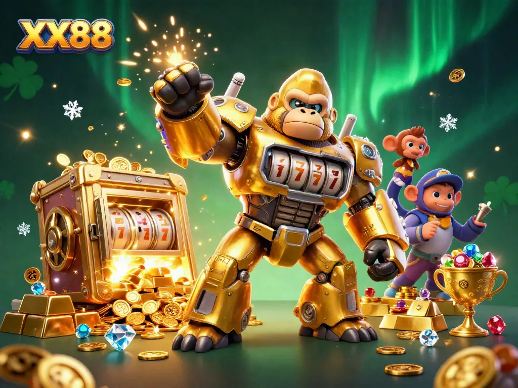 Experience the excitement of XX88 with a golden mech and dazzling treasures in 3D illustration.
