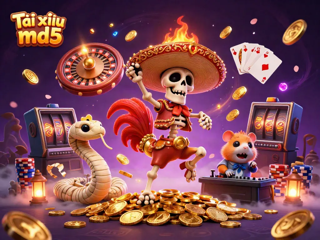 Experience the thrilling world of Tài xỉu md5 with a lively scene featuring colorful characters, cascading coins, and vibrant casino energy.