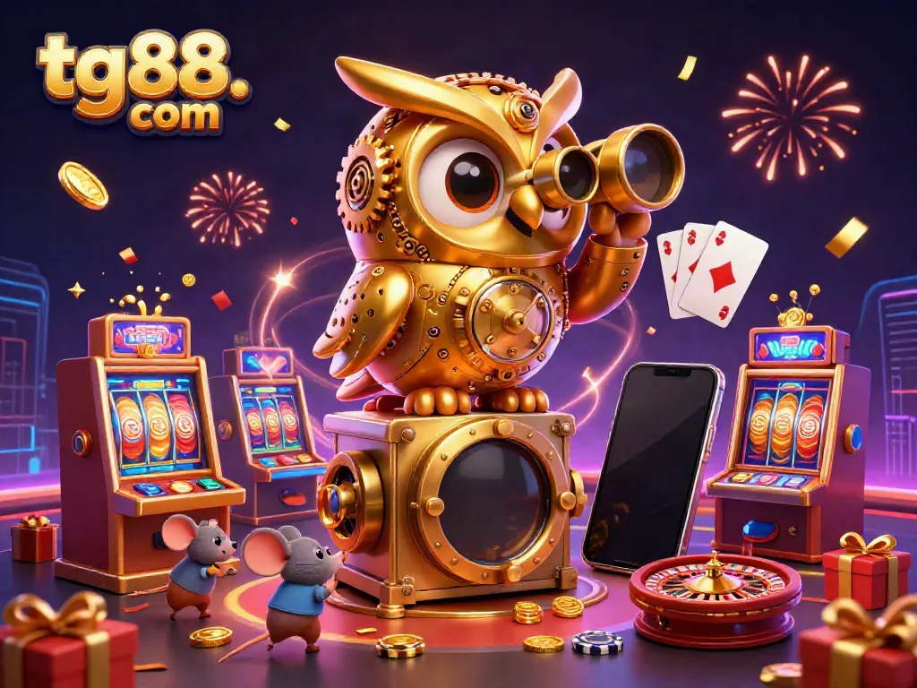 Experience thrilling gameplay at tg88. com with an animated scene showing a golden owl scanning the casino floor amidst exciting game elements.
