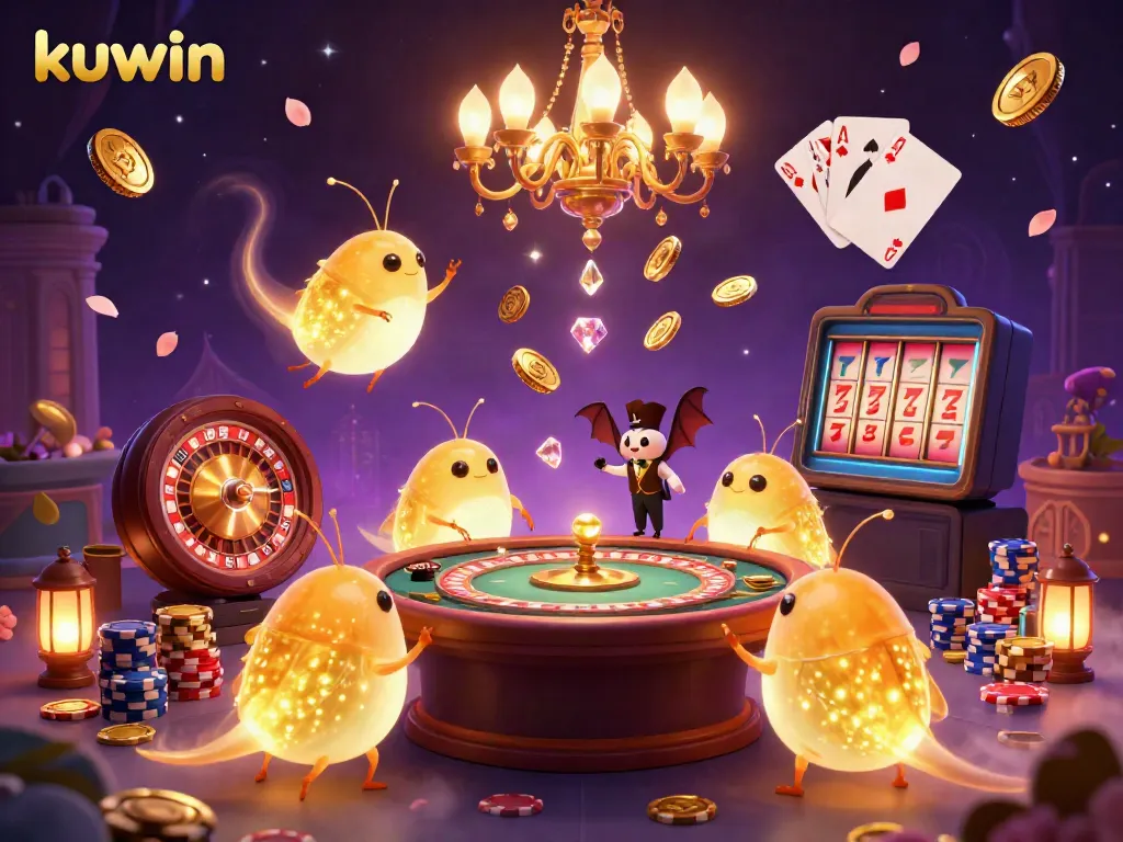 Kuwin's vibrant casino scene with glowing glowworms and a bat dealer amid golden coins and cards showcasing winning hands.