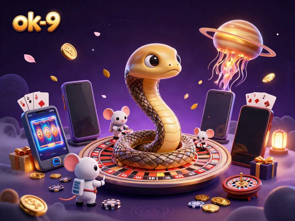 Engage in thrilling gameplay with ok-9 as astronaut mice bet on the Saturn roulette rings surrounded by vibrant casino elements.