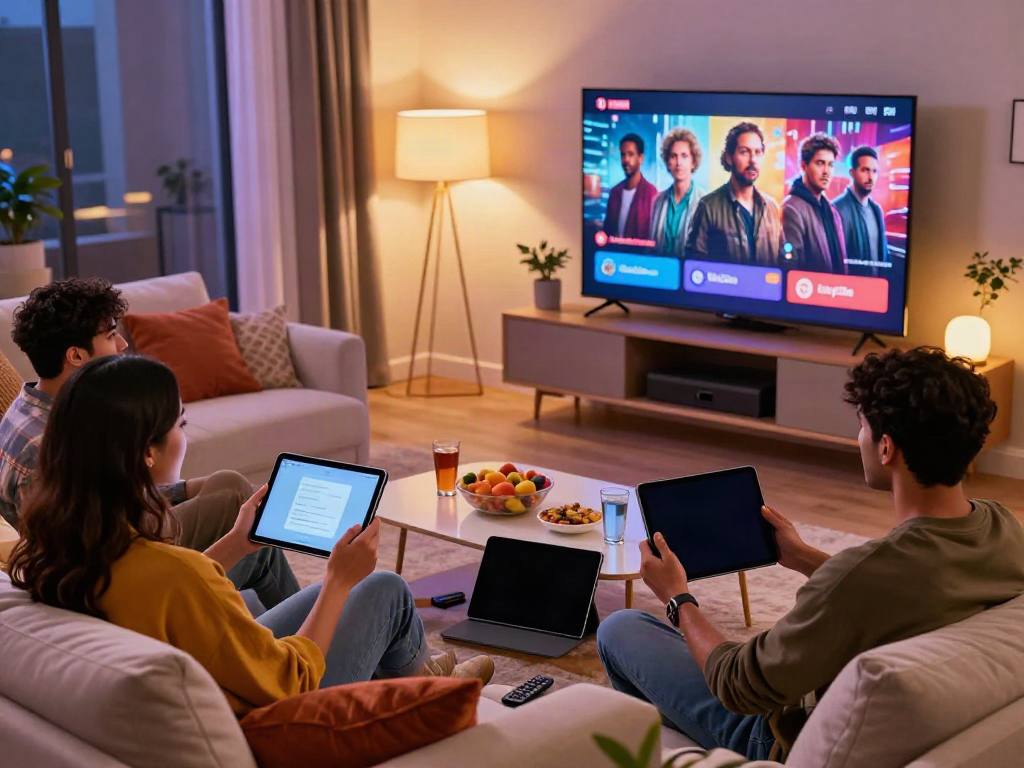 Friends streaming on multiple devices with FilmyZilla 2026 in a cozy living room atmosphere.