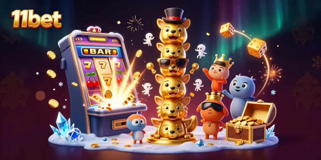 Experience thrilling wins with 11bet in this vibrant, dynamic casino illustration.