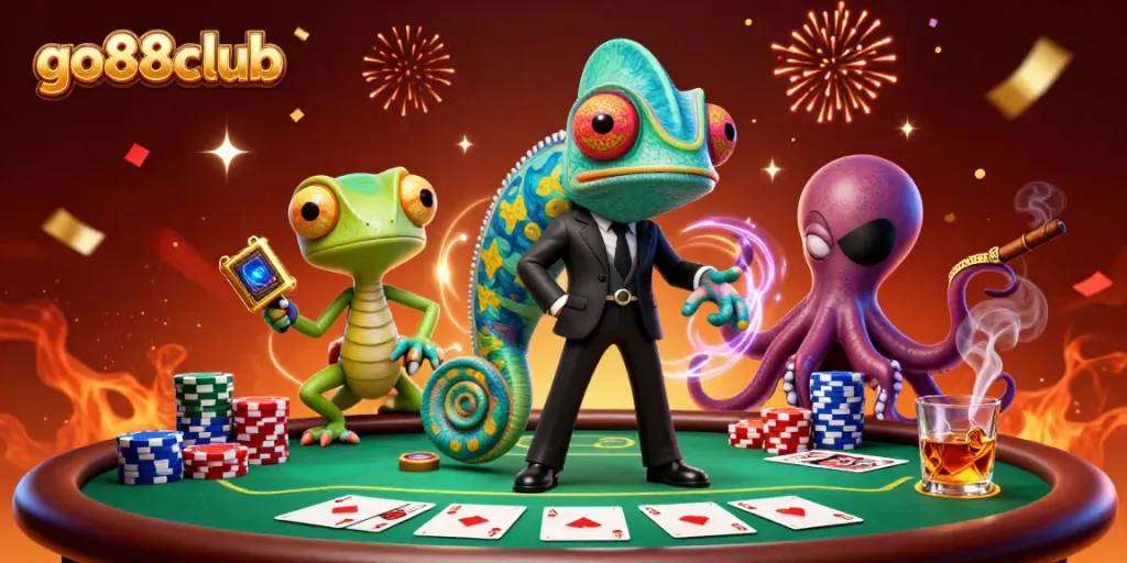 Join the action at go88club with a thrilling poker scene featuring dynamic characters in a vibrant casino atmosphere.