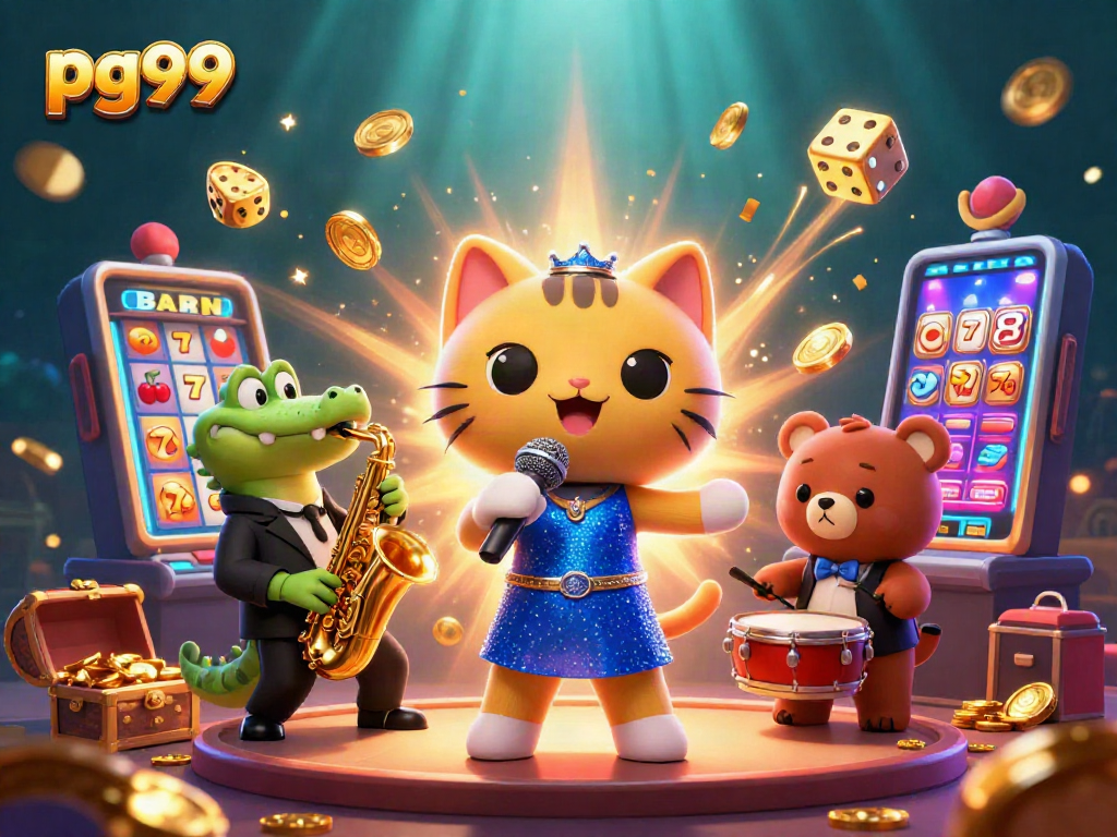 Experience excitement with pg99's vibrant casino scene showcasing thrilling slot action and colorful characters.