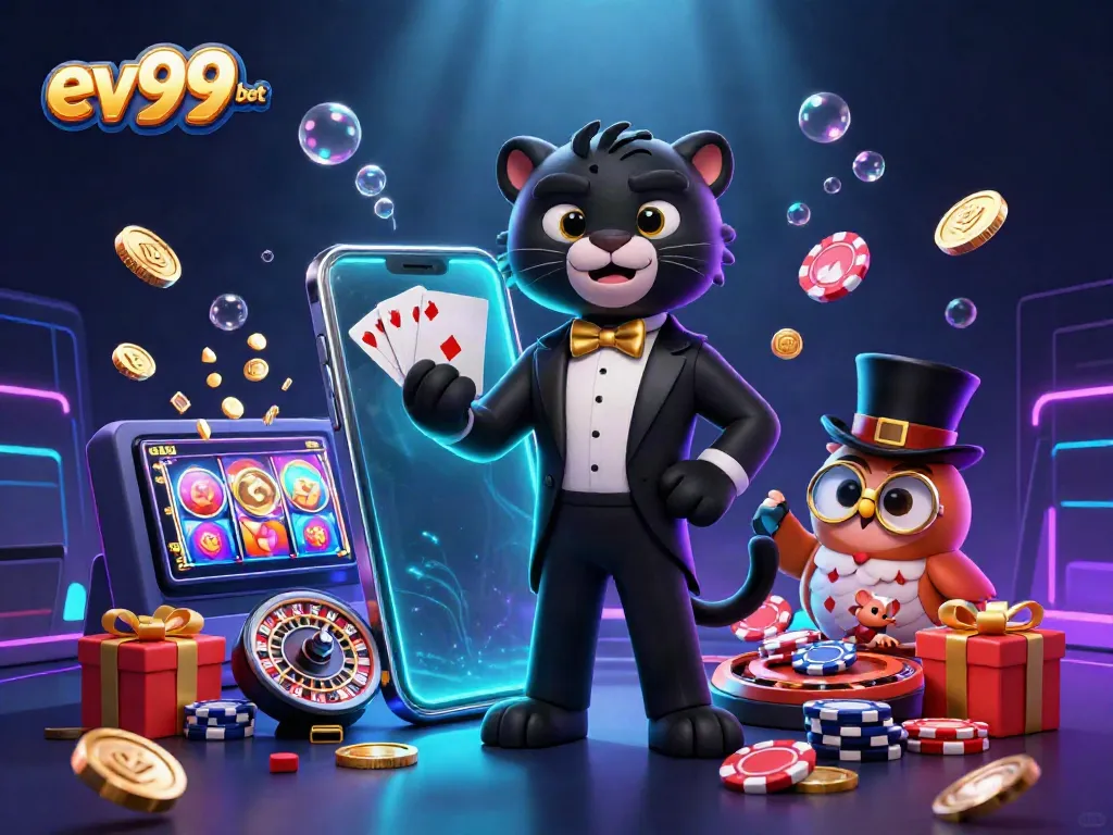 Engage with casino fun at ev99 bet featuring characters and gaming elements in a vibrant scene.