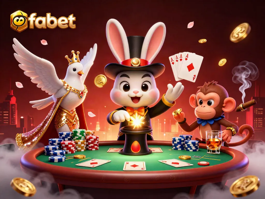 Engage with fabet through a vibrant illustration showcasing a magician rabbit, poker elements, and dynamic casino scene.