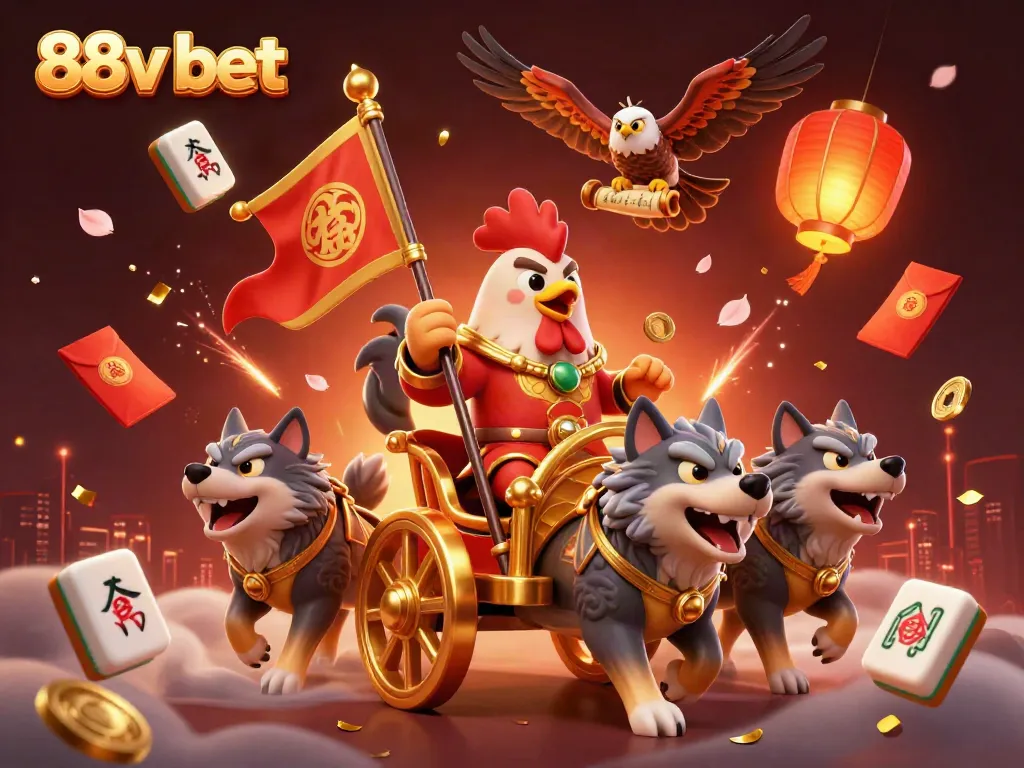 Engage with the thrilling world of 88v bet featuring a rooster warlord in a vibrant casino setting.
