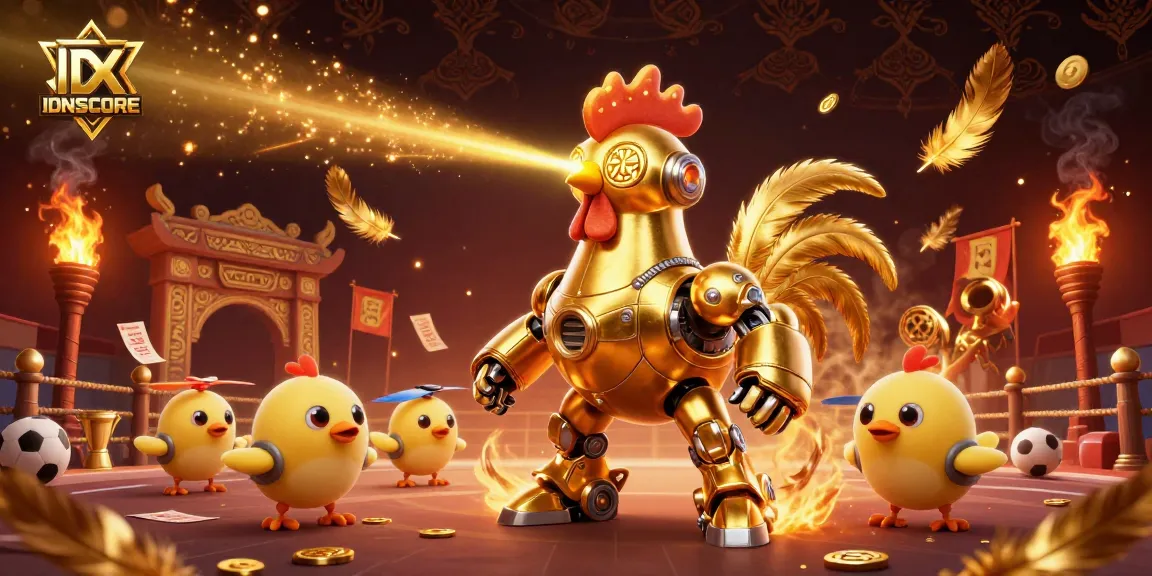 IDNSCORE elevates betting excitement with a golden rooster robot in a dynamic game scene.