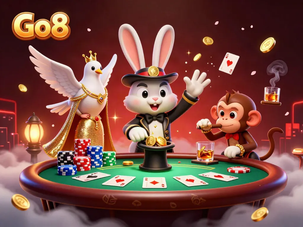 Engage in exciting poker gameplay with Go8, featuring a magician, dove, and monkey in a vibrant casino setting.