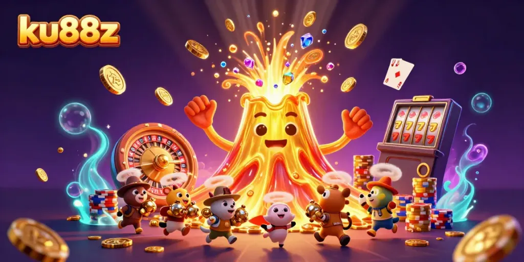 Experience thrilling wins at ku88z with a dynamic eruption of coins and treasures in this vibrant casino scene.