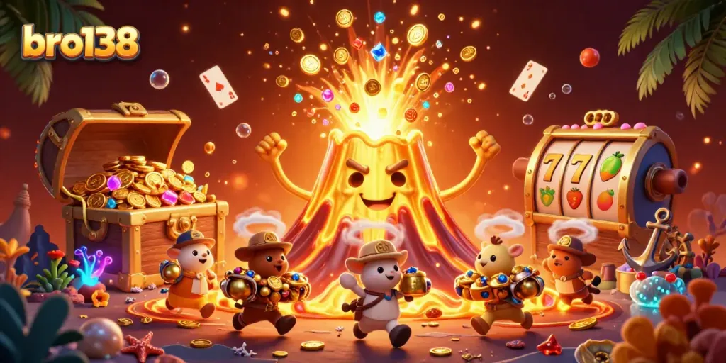 Spin the slots and win at bro138 with a golden volcano erupting treasures and gaming elements.