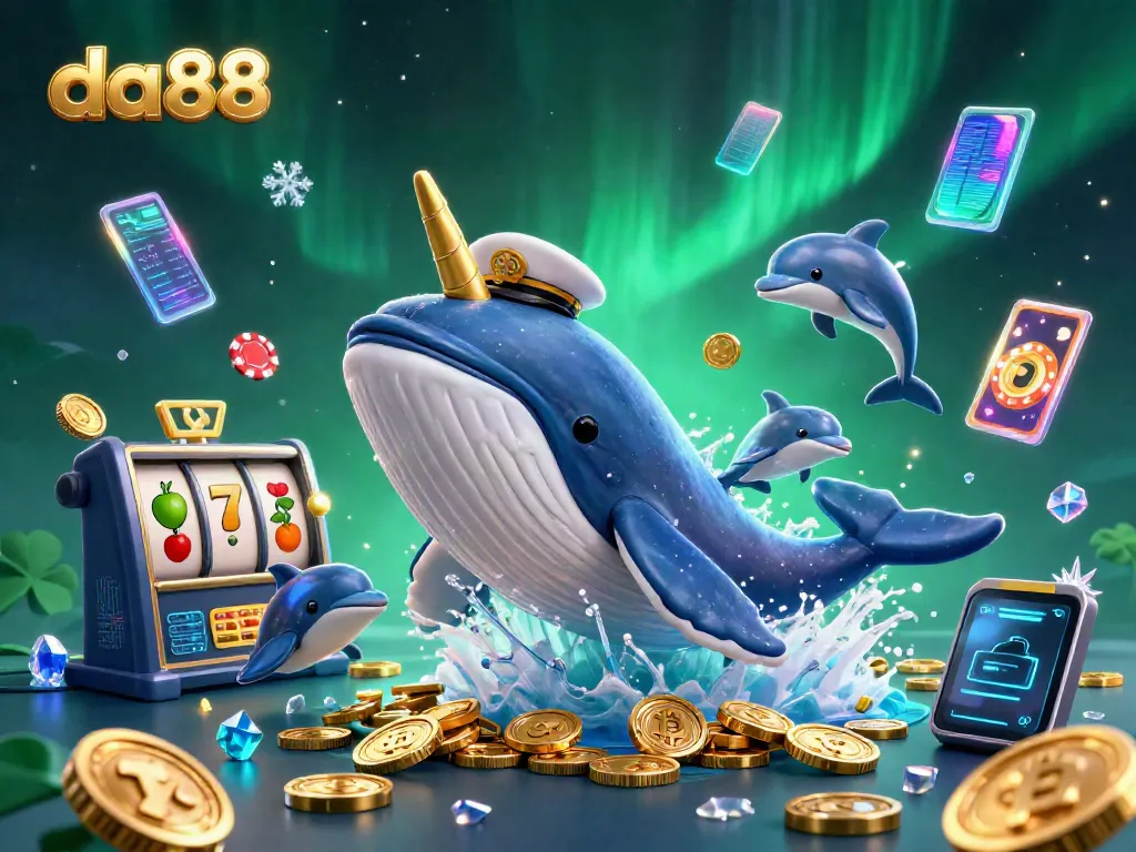 Engage with the thrill of da88, as a whale breaches in a sea of coins amidst vibrant gambling elements.