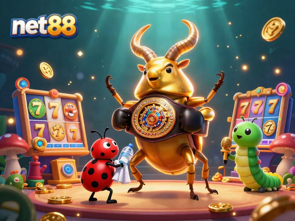 Watch net88's thrilling cockfighting action with a golden beetle champion and dynamic gaming elements.