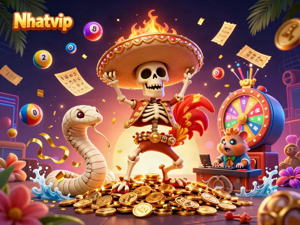 Nhatvip online casino features a festive victory scene with unique characters and gambling elements.