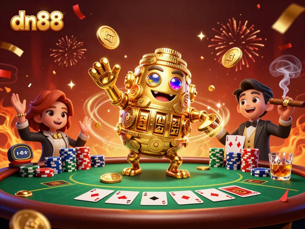 Experience the excitement of dn88 with a golden golem amidst vibrant poker games.