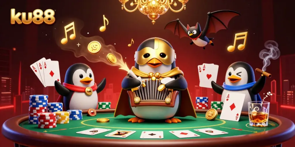 Engage with ku88's vibrant casino scene featuring a penguin organist and dynamic poker elements.