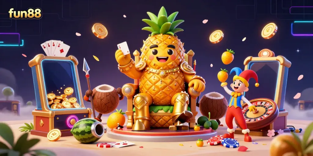 Experience the fun88 magic with colorful slot games and casino excitement featuring a pineapple king.