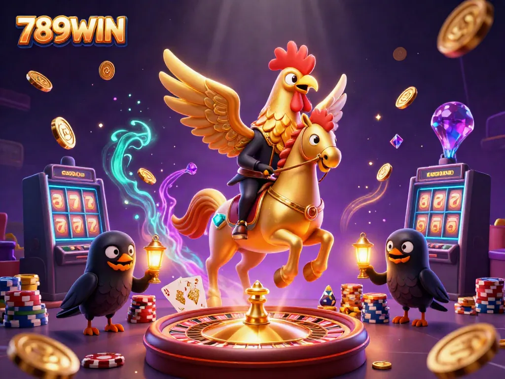 Experience the excitement of 789WIN with a golden rooster avatar in a vibrant casino scene.