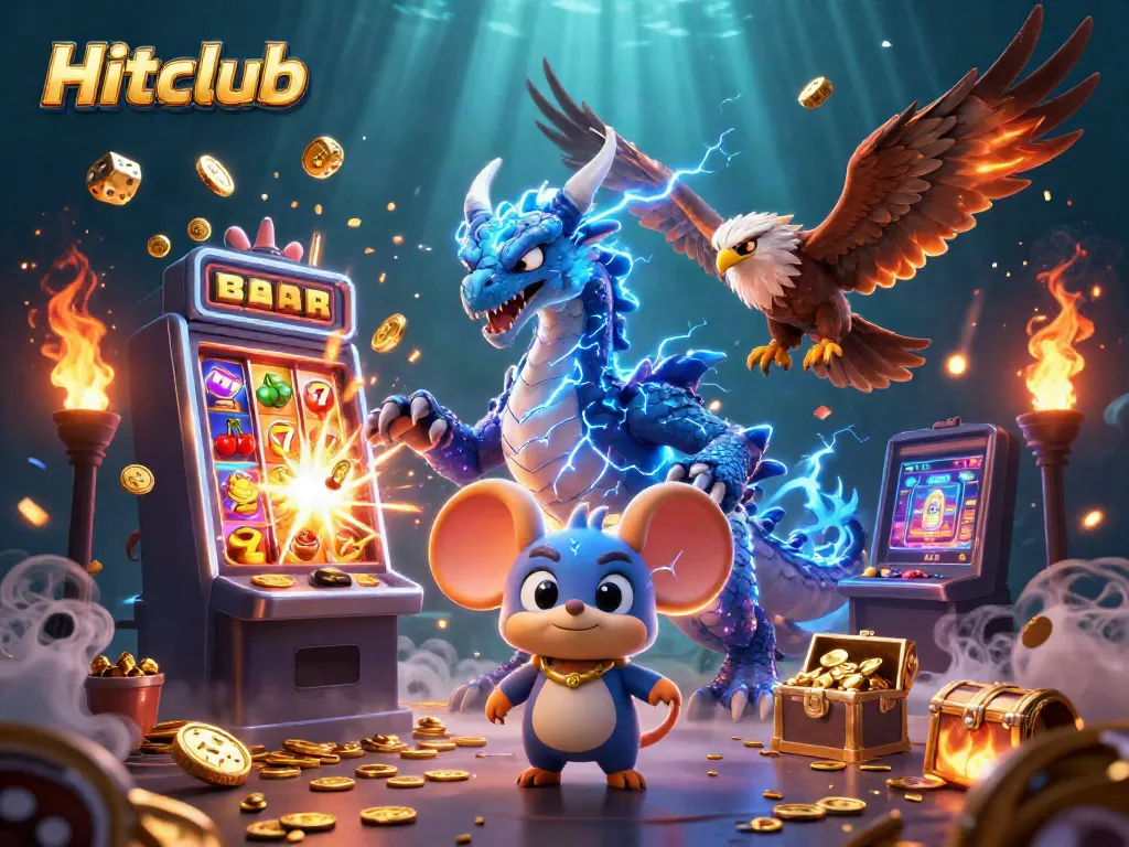 Experience thrilling jackpot action with Hitclub's vibrant 3D casino illustration, featuring dynamic characters and game elements.