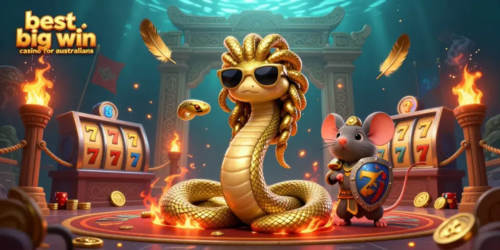 Spin the reels at the best big win casino for australians with a vibrant scene featuring Medusa and a warrior mouse.