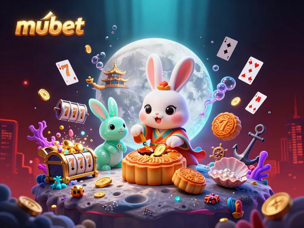 Mubet offers thrilling gaming action with vibrant 3D illustrations of a moon rabbit theme and dynamic casino elements.