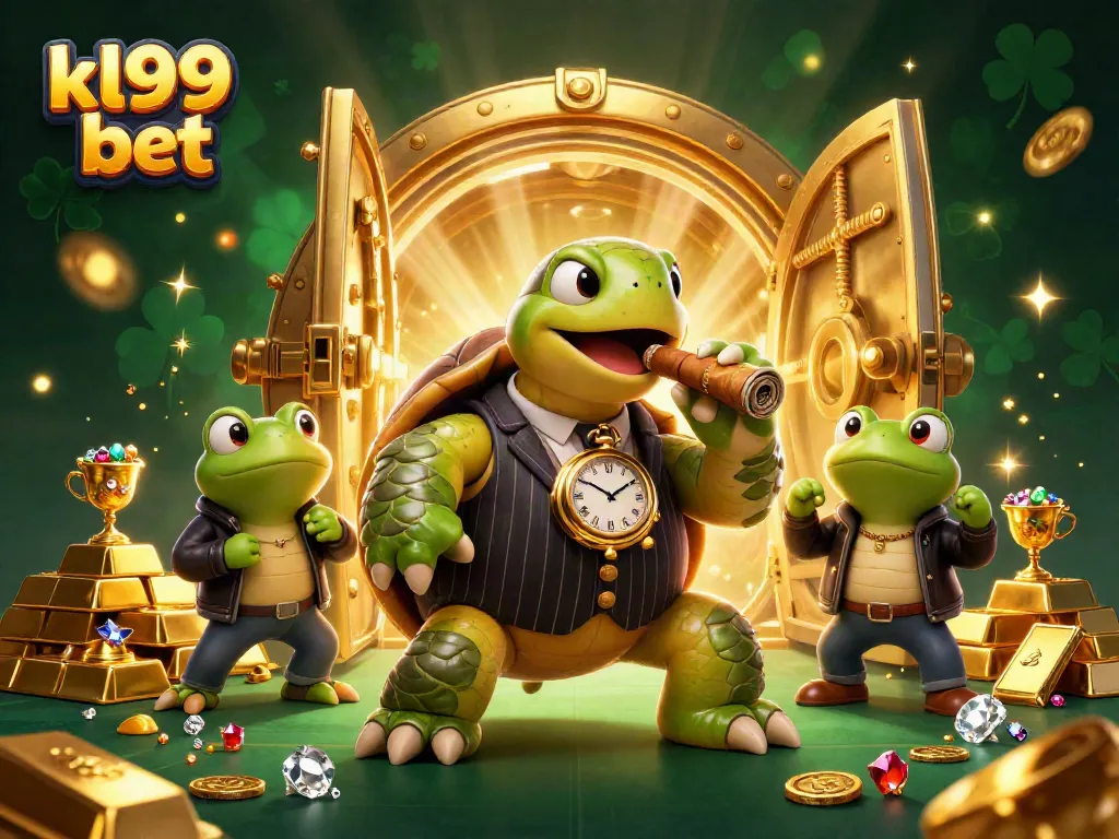 Experience the thrill of kl99 bet with casino-themed characters amidst treasures and vibrant lighting.