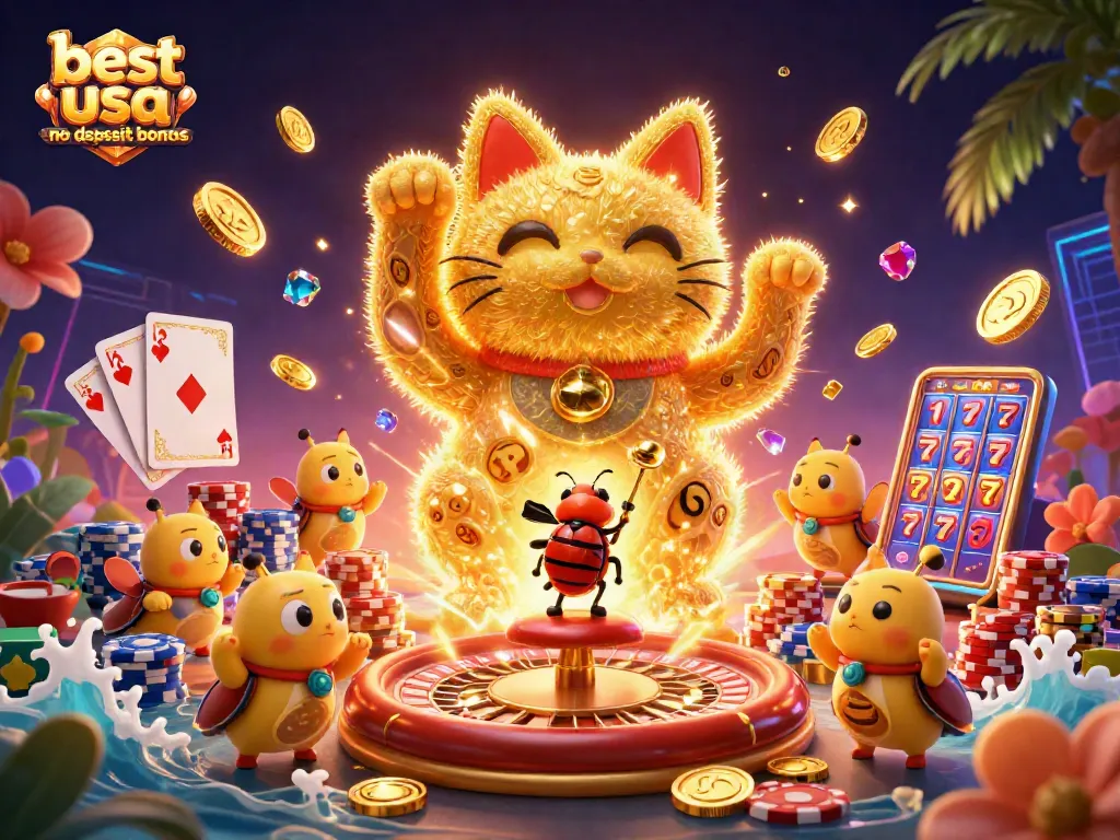 Explore the best usa no deposit bonus casino with a vibrant 3D illustration featuring a lucky cat and gaming symbols.