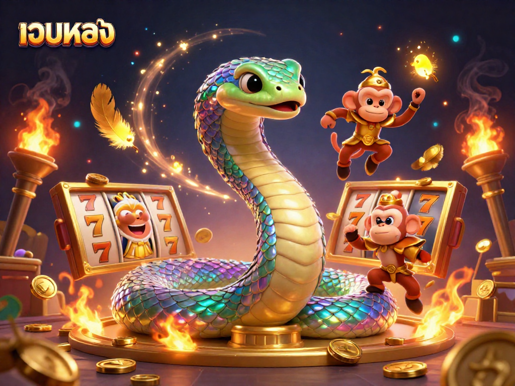 Experience เว็บตรง gameplay with vibrant 3D illustration featuring slot games and mystical characters in a dynamic casino scene.
