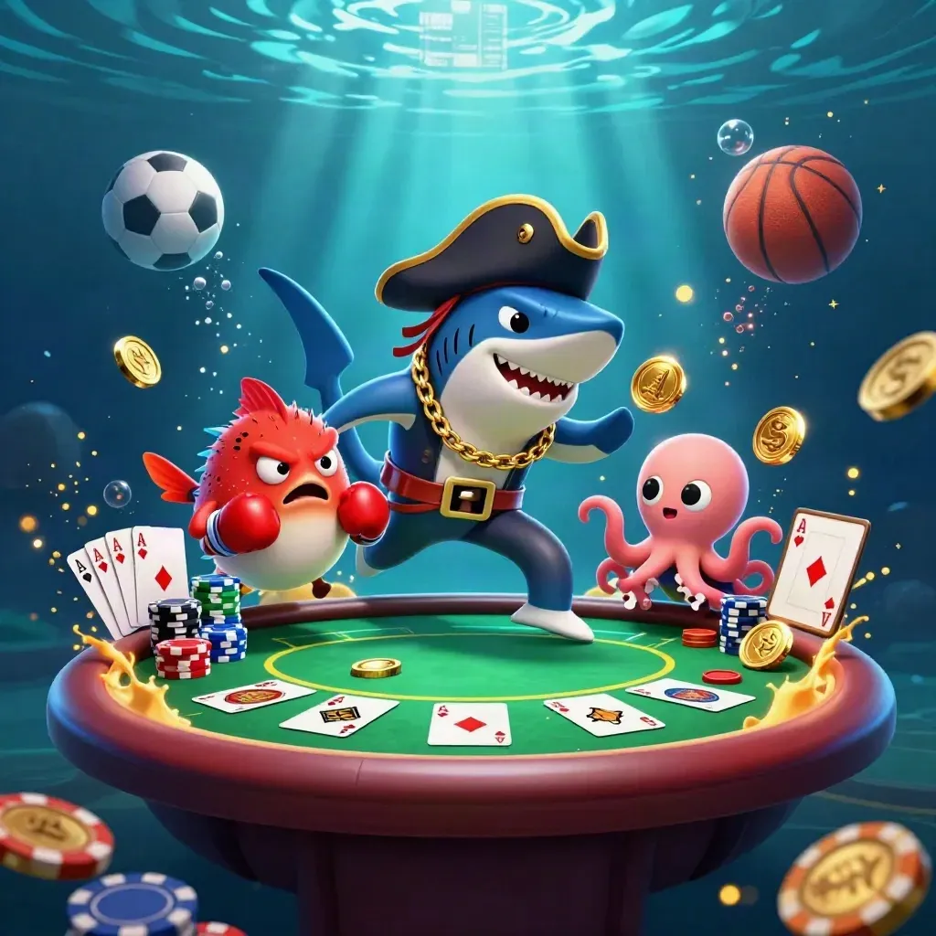 Pirate shark, pufferfish, and octopus amid casino chips, cards, balls, and glowing underwater lights.