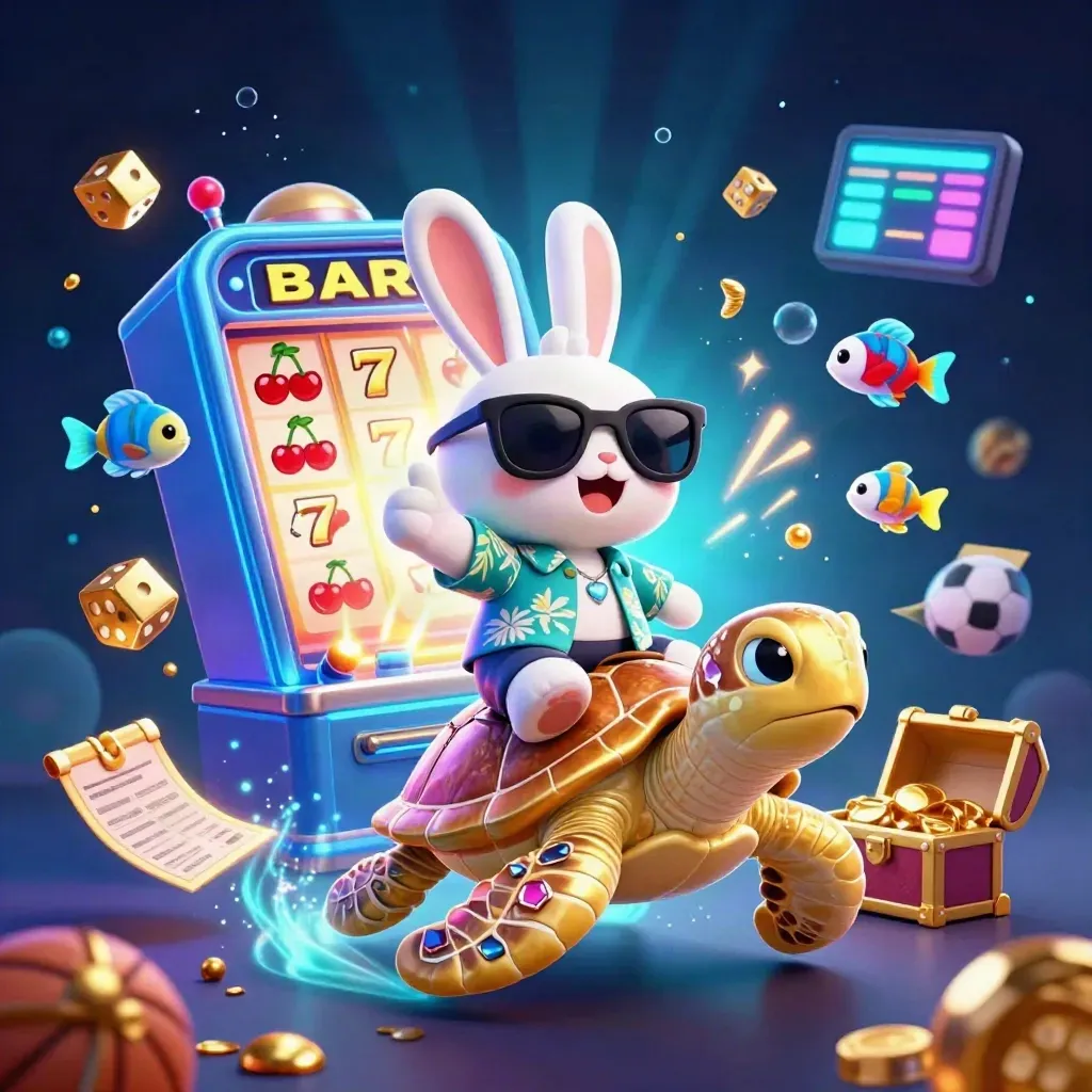 Lucky rabbit rides a golden sea turtle through casino treasure and glowing underwater light.